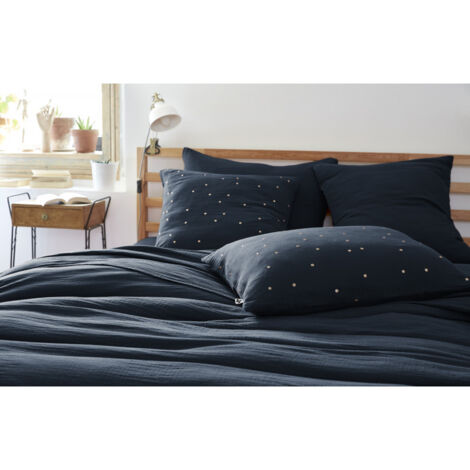 Taie d'oreiller Pois Doré Déco "Gaïa Chic" 60 x 60 cm & 50 x 70 cm "Gaze de Coton" - Couleur: Gaïa Chic Minuit - Taille de taie d'oreiller: 60 x 60 cm
