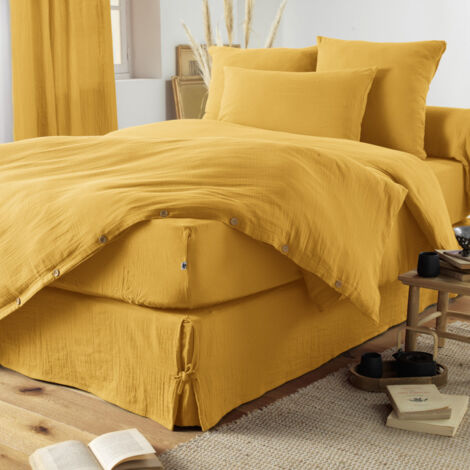 Cache-sommier "Gaïa" toutes dimensions "Gaze de Coton" - Couleur: Gaïa Safran - Taille de cache-sommier: 140 x 190 cm