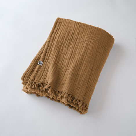 Plaid à franges "Gaïa" toutes dimensions "Gaze de Coton" - Couleur: Gaïa Camel - Taille de plaid: 180 x 220 cm