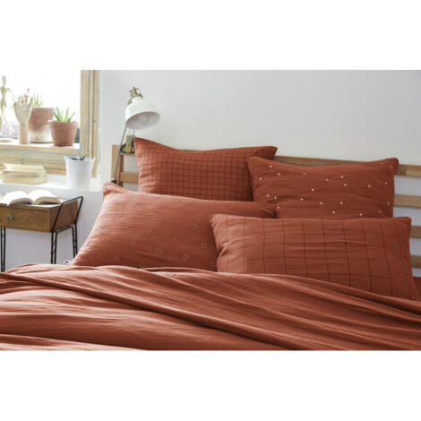 Taie d'oreiller Brodée Déco "Gaïa Boho" 60 x 60 cm & 50 x 70 cm "Gaze de Coton" - Couleur: Gaïa Boho Terracotta - Taille de taie d'oreiller: 50 x 70 cm
