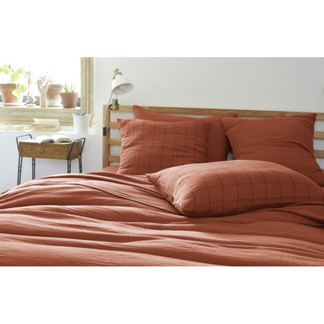 Taie d'oreiller Tissé-teint grands carreaux Déco "Gaïa Match" 60 x 60 cm & 50 x 70 cm "Gaze de Coton" - Gaïa Match Terracotta - 60 x 60 cm - Gaïa Match Terracotta - (1/3)