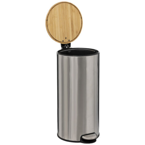 Atmosphera – Poubelle à pédale 30 litres – Couvercle en bambou – Métal inox – Dimensions L. 29 x P. 34 x H. 65 cm – Seau amovible pour entretien facile