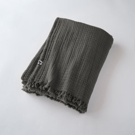 Plaid à franges "Gaïa" toutes dimensions "Gaze de Coton" - Couleur: Gaïa Granit - Taille de plaid: 180 x 220 cm