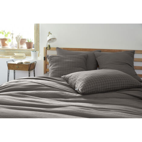 Taie d'oreiller Tissé-teint petits carreaux Déco "Gaïa Mix" 60 x 60 cm & 50 x 70 cm "Gaze de Coton" - Couleur: Gaïa Mix Granit - Taille de taie d'oreiller: 50 x 70 cm