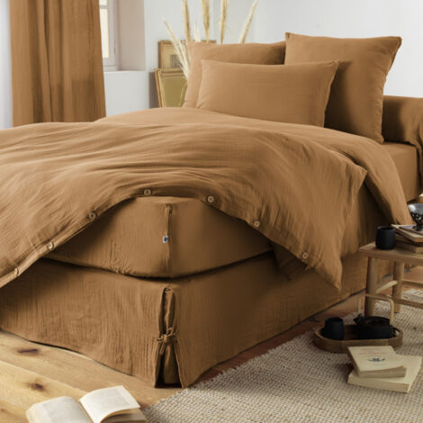 Cache-sommier "Gaïa" toutes dimensions "Gaze de Coton" - Couleur: Gaïa Camel - Taille de cache-sommier: 90 x 190 cm