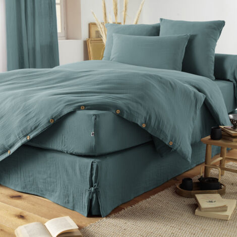 Cache-sommier "Gaïa" toutes dimensions "Gaze de Coton" - Couleur: Gaïa Canard - Taille de cache-sommier: 90 x 190 cm
