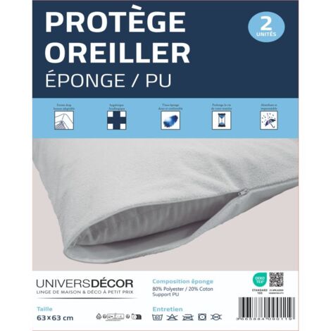 Lot de 2 protège oreillers éponge imperméable 63 x 63 cm – Dessus respirant 80% polyester – Sous taies avec fermeture à glissière – Certifié Oeko Tex – Univers Decor
