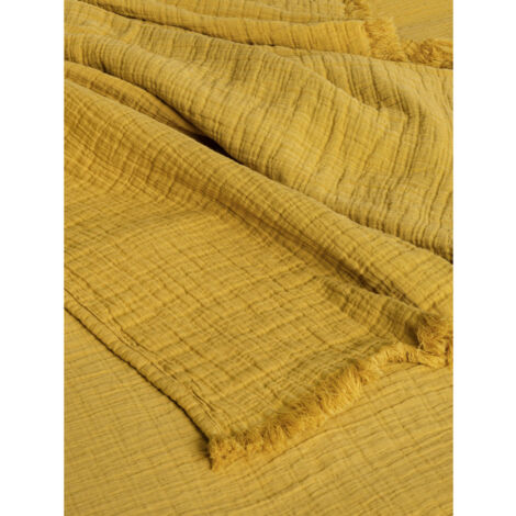 Couvre lit à franges "Brehat" Gaze de Coton stonewashed Toison d'or - Couleur: Brehat Miel - Taille de couvre lit & boutis: 230 x 250 cm