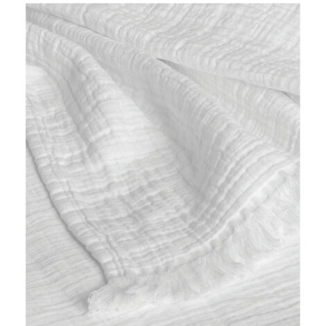 Couvre lit à franges "Brehat" Gaze de Coton stonewashed Toison d'or - Couleur: Brehat Blanc - Taille de couvre lit & boutis: 270 x 250 cm