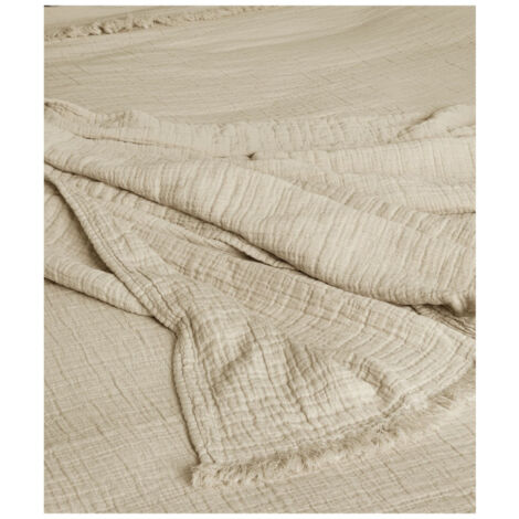 Couvre lit à franges "Brehat" Gaze de Coton stonewashed Toison d'or - Couleur: Brehat Galet - Taille de couvre lit & boutis: 230 x 250 cm
