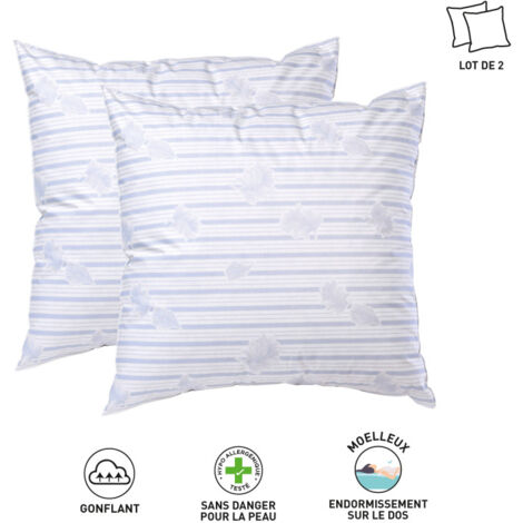 Lot de 2 oreillers 60 x 60 cm – Garnissage plumes véritables 800 g – Enveloppe poly coton rayée – Confort thermorégulateur – Blanreve