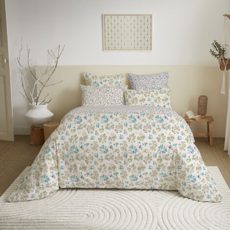 Parure De Lit 240x260cm - Housse De Couette + 2 Taies - Imprimé Cyan Damas Antique - Microfibre Douce - Style Boho Vintage