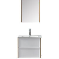 Meuble sous vasque suspendu blanc et bois 60 cm – MDF avec tiroirs amovibles – Miroir 50 cm – Vasque en porcelaine blanche – Wilsa Garden