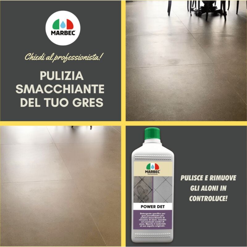 MARBEC POWER DET 1LT Detergente intensivo per la pulizia smacchiante dei  pavimenti in gres porcellanato. Rimuove patine, aloni, macchie persistenti  e sporco di cantiere