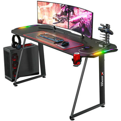 Mesa Gaming Escritorio Ergonomico con LED RGB,140 x 60cm Grand Madera Mesa Escritorio,Gaming Desk con Alfombrilla de Ratón Portavasos y Gancho para Auriculares 