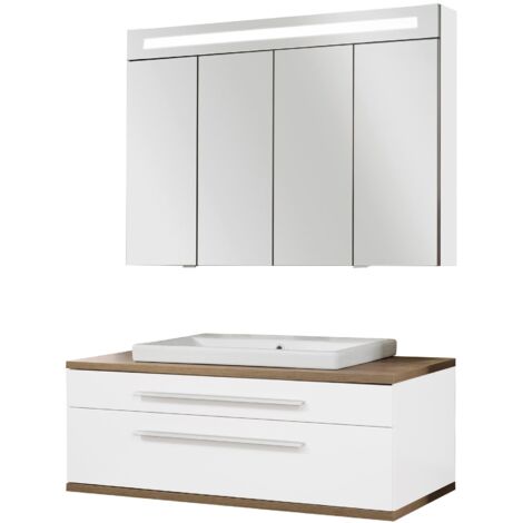 FACKELMANN STANFORD 3-teiliges Badmöbelset 110cm Braun/Weiß Keramik+LED Schrank"-"90330145 (1/3)