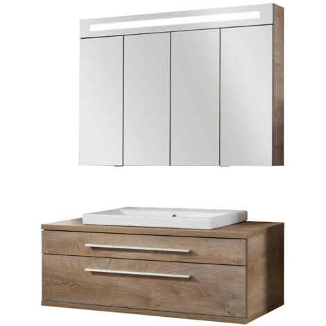 FACKELMANN STANFORD 3-teiliges Badmöbel Set 110cm Braun Keramik mit LED-Schrank"-"90332145 (1/4)
