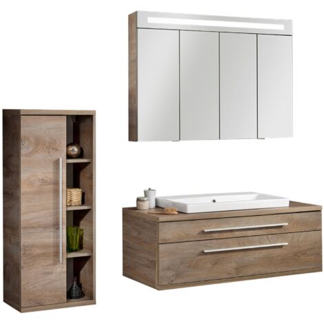 Fackelmann STANFORD Badmöbel Set 4-teilig, 110 cm breit, Braun, Keramik+Spiegelschrank+Midischrank"-"90339145 (1/2)