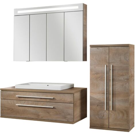 Fackelmann STANFORD Badmöbel Set 4-teilig, 110 cm breit, Braun, Keramik+Spiegelschrank+Midischrank"-"90336145 (1/2)