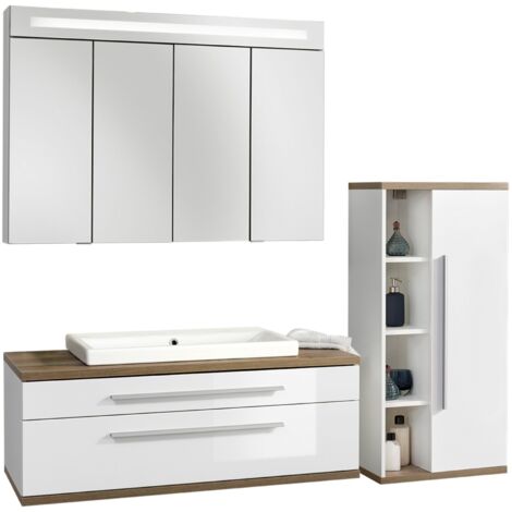Fackelmann STANFORD Badmöbel Set 4-teilig, 110 cm breit, Weiß, Keramik+Spiegelschrank+Midischrank"-"90334145 (1/2)