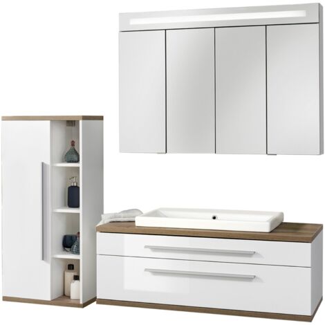 Fackelmann STANFORD Badmöbel Set 4-teilig, 110 cm breit, Weiß,Keramik+Spiegelschrank+Midischrank"-"90340145