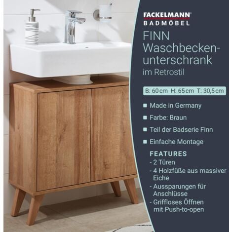 FACKELMANN FINN Badmöbel Set 2 Teile / Waschbeckenunterschrank mit Push-to-Open / 4 Holzfüße / Badschrank mit 2 Türen / Korpus & Front: Braun hell / Rahmendekor & Füße: Braun hell / Breite: 60 cm"-"06