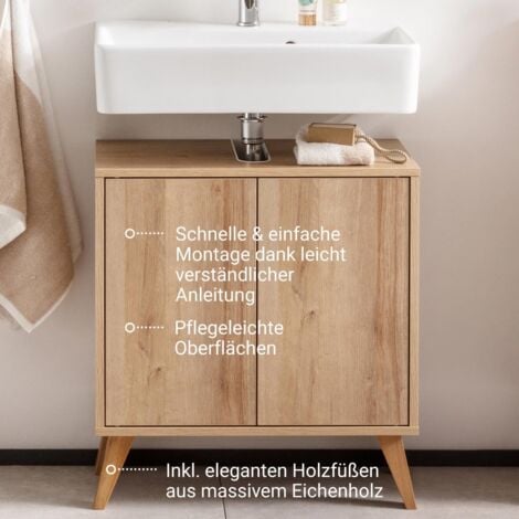 FACKELMANN FINN Badmöbel Set 2 Teile / Waschbeckenunterschrank mit Push-to-Open / 4 Holzfüße / Badschrank mit 2 Türen / Korpus & Front: Braun hell / Rahmendekor & Füße: Braun hell / Breite: 60 cm"-"06