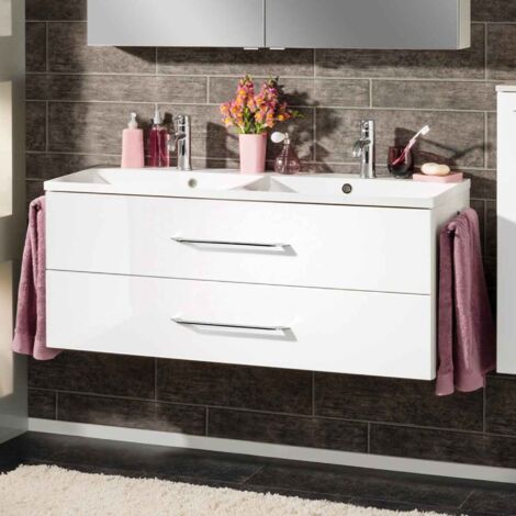 FACKELMANN Waschtischunterschrank inkl. Doppel-Gussbecken B.CLEVER / Soft-Close-System / Maße (B x H x T): ca. 120 x 48,5 x 46 cm / Möbel fürs WC oder Badezimmer / Schrank: Weiß / Becken: Weiß"-"82923