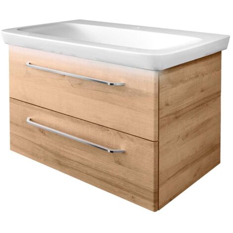 Fackelmann MILANO Badmöbel Set 3 Teile – Waschbecken aus Keramik in Weiß mit Unterschrank in Holz braun – Waschbeckenunterschrank mit Schubladen und Waschbeckenbeleuchtung – 88 cm breit"-"06325145 (1/5)