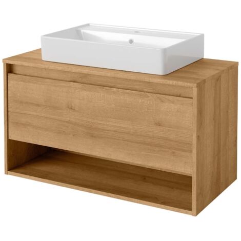 FACKELMANN NATURA Badmöbel Set 2 Teile / Keramik Waschbecken / Waschbeckenunterschrank mit Schublade / hochwertiger Badschrank mit Soft-Close-System / Korpus & Front: Braun / Breite: 94 cm"-"79708