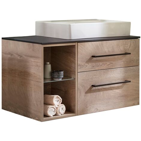 Fackelmann OXFORD Badmöbel Set 4 Teile / Keramik Waschbecken / Waschbeckenunterschrank mit 2 Schubladen / Badregal / Waschtischplatte Schwarz / Korpus & Front: Braun hell / Breite ca. 90 cm"-"90015145