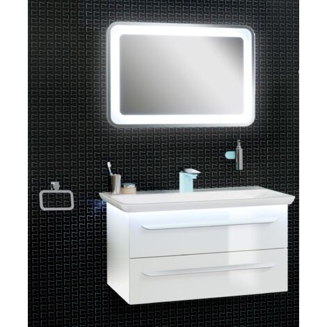 Lanzet M9 Badmöbel Set 4-teilig, 100cm breit, Weiß, mit LED u. Spiegelelement"-"90131145 (1/5)