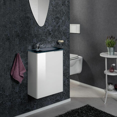 Fackelmann KARA SBC Gäste-WC Set 2 Teile – Waschtischunterschrank mit  Glasfront in Weiß mit Waschbecken aus