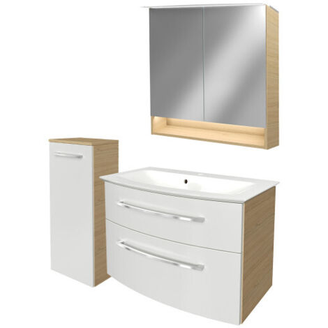 Fackelmann B.STYLE Badmöbel Set mit Waschbecken mit Unterschrank 80 cm breit – Spiegelschrank Bad mit Beleuchtung und Midischrank in Weiß mit Holz braun – Badezimmermöbel in Sandeiche Holzoptik"-"9018 (1/5)