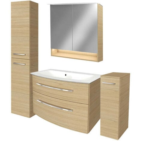 Fackelmann B.STYLE Badmöbel Set mit Waschbecken mit Unterschrank 80 cm  breit – LED-Spiegelschrank – Midischrank und
