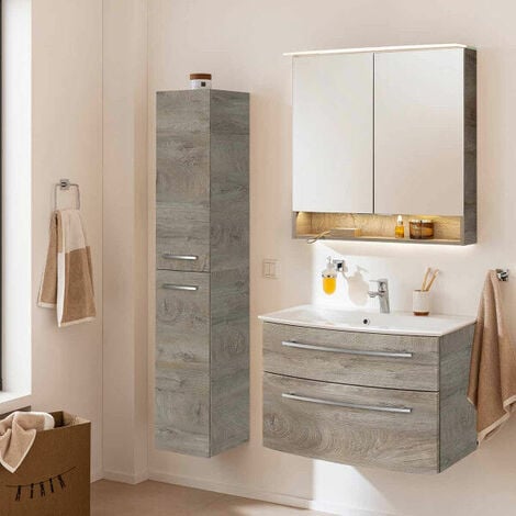 Fackelmann B.STYLE Badmöbel Set mit Waschbecken mit Unterschrank 80 cm  breit – Spiegelschrank Bad mit Beleuchtung