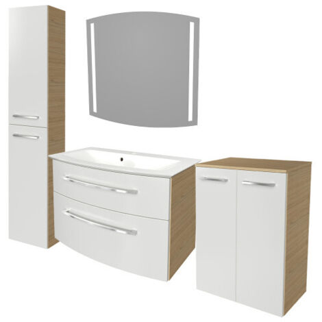 Fackelmann B.STYLE Badmöbel Set mit Waschbecken mit Unterschrank 80 cm breit – LED-Spiegel – Doppel-Midischrank und Hochschrank in Weiß mit Holz braun – Badezimmermöbel in Sandeiche Holzoptik"-"902031 (1/5)