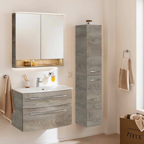Badmöbel Bad breit mit 80 mit – B.STYLE Beleuchtung Set Unterschrank cm mit Fackelmann Spiegelschrank Waschbecken