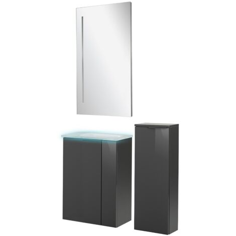 Fackelmann SBC LUNA Gäste WC Set 5-teilig 45 cm, Anthrazit, Glas Weiß beleuchtet+Spiegel+Midischrank slim"-"90280145 (1/5)