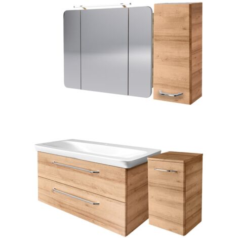 Fackelmann MILANO Badmöbel Set 5-teilig, 100 cm, Braun hell, Keramik, Spiegelschrank + 2 Badschränke"-"90296145