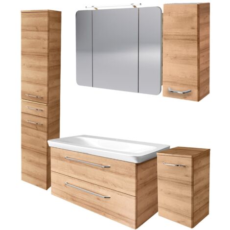Fackelmann MILANO Badmöbel Set 6-teilig, 100 cm, Braun hell, Keramik, Spiegelschrank + 3 Badschränke"-"90298145