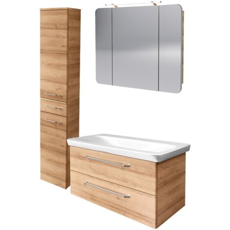 Fackelmann MILANO Badmöbel Set 4-teilig, 100 cm, Braun hell, Keramik, Spiegelschrank + Hochschrank"-"90297145