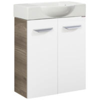 Fackelmann LUXOR SBC Gäste-WC Set 2 Teile – Waschtischunterschrank in Weiß mit Holz Braun mit Waschbecken aus Keramik – Waschbeckenunterschrank schmal – 2 Türen – Hahnloch rechts – 55 cm breit"-"90069