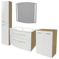 Fackelmann B.STYLE Badmöbel Set mit Waschbecken mit Unterschrank 80 cm breit – LED-Spiegel – Doppel-Midischrank und Hochschrank in Weiß mit Holz braun – Badezimmermöbel in Sandeiche Holzoptik"-"902031