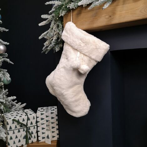 50cm Winter White Faux Fur Hanging Christmas Stocking with Pom Poms (1/5)