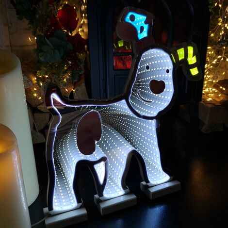 40cm Infinity Light up Snowdog Christmas Decoration with White LEDs on Wooden Base (1/4)