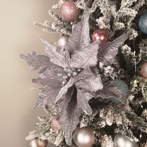 68cm Silver Velvet Poinsettia Stem with 2 Flowers Christmas Decoration (1/5)