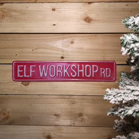 50cm Indoor Outdoor Red Metal Elf Workshop Rd Sign Hanging Christmas Decoration (1/5)