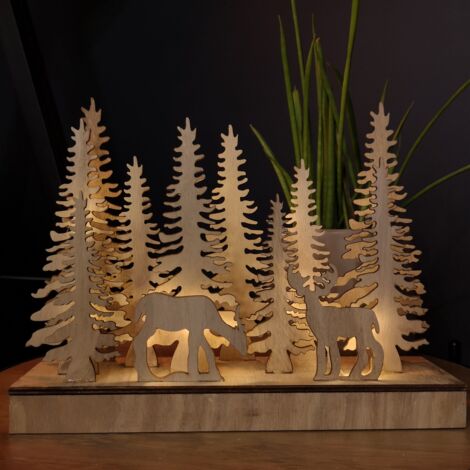 30cm Battery Operated Light up Wooden Christmas Deers in Forest Scene with LEDs (1/5)