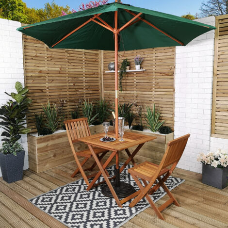 Outdoor 2 Person Folding Square Wooden Garden Patio Dining Table Chairs Parasol and Base Set (1/5)